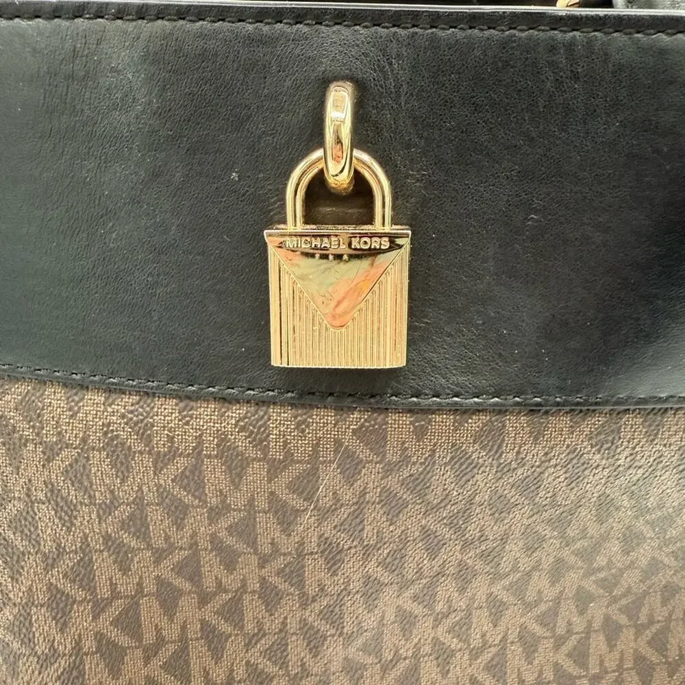 Michael Kors Hamilton Lock Tote Brown MK Monogram Leather Trim Large